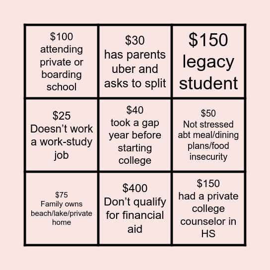 Class Privilege Bingo Card