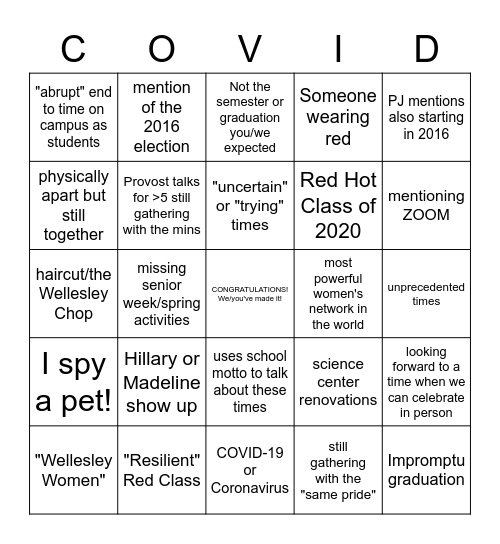 Wellesley Graduation 2020 Bingo Card