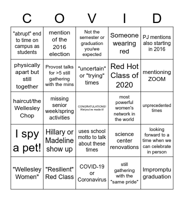 Wellesley Graduation 2020 Bingo Card