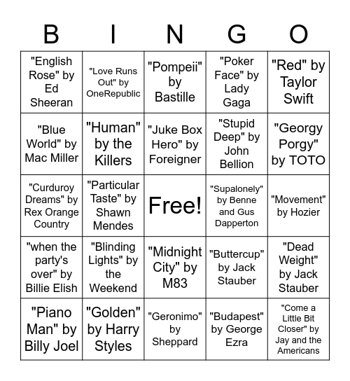 Songs I've Listened To Bingo Card