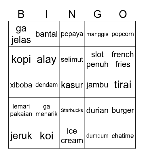 H Bingo Card