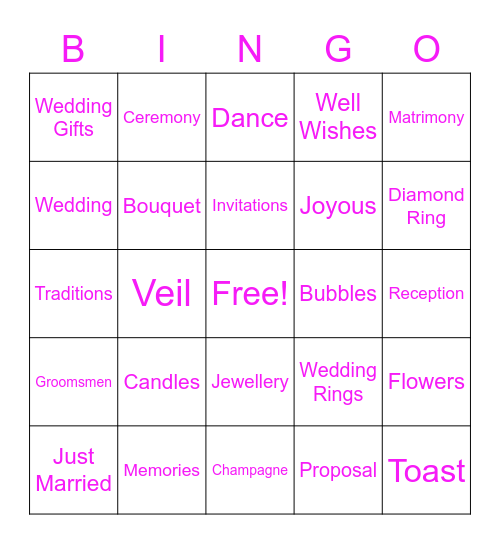 Bridal Bingo Card