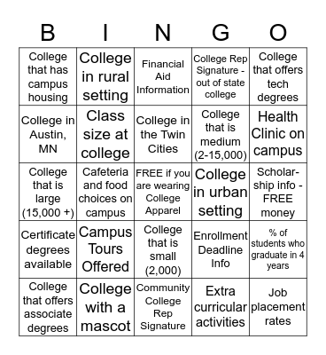 College Fair Bingo - Get College Rep Signatures Bingo Card