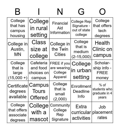 College Fair Bingo - Get College Rep Signatures Bingo Card