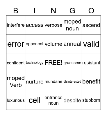 Spelling Bingo Card