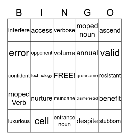 Spelling Bingo Card