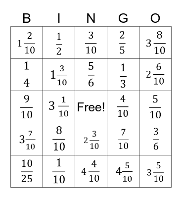 Fraction Bingo Card