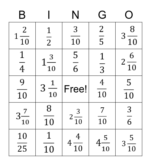 Fraction Bingo Card