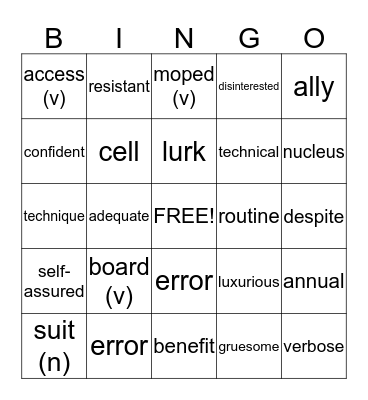 Vocabulary Bingo Card