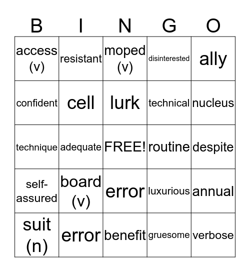 Vocabulary Bingo Card