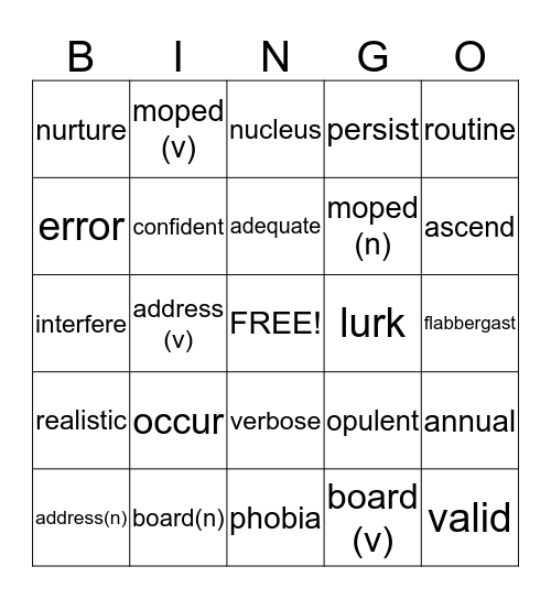 Spelling and vocabulary week 1 2 3 4 5 Bingo Card