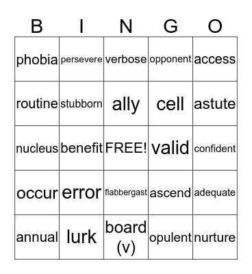 Vocabulary Bingo Card