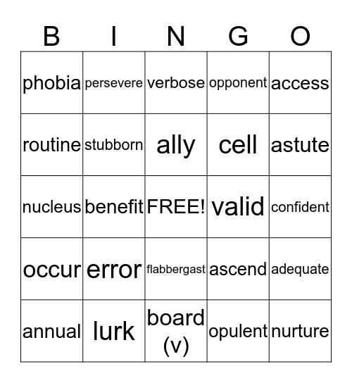 Vocabulary Bingo Card