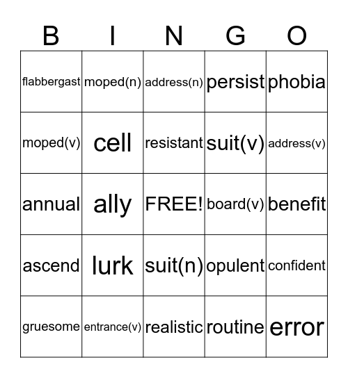 Spelling Vocab Bingo Card