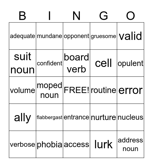 Spelling bingo Card