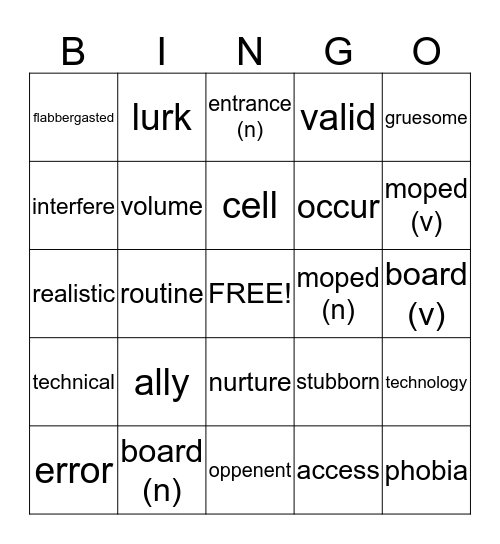 spelling Bingo Card
