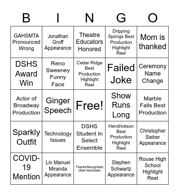 GAHSMTA '20 AWARDS Bingo Card