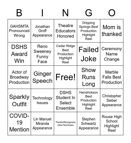 GAHSMTA '20 AWARDS Bingo Card