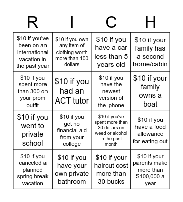 Class Privilege Donation Bingo Card