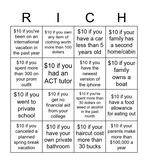 Class Privilege Donation Bingo Card