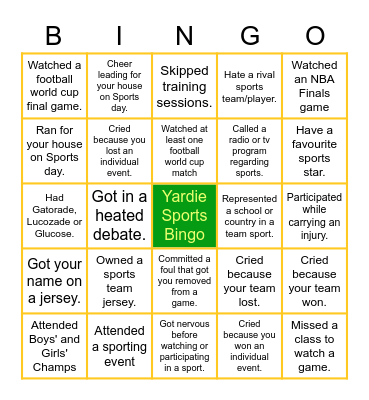 Yardie Bingo Sports Bingo Card