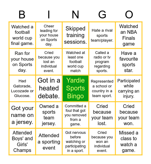Yardie Bingo Sports Bingo Card