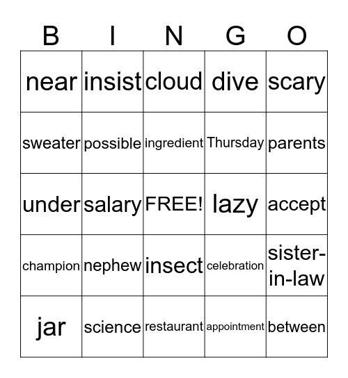 Definition Bingo Card