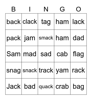 Word Family Bingo: -ack and -am Bingo Card