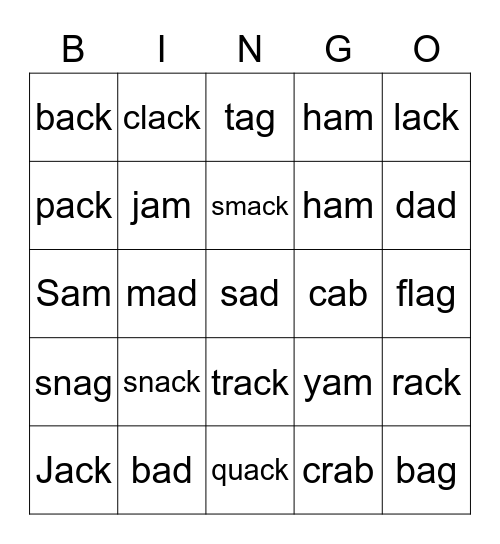 Word Family Bingo: -ack and -am Bingo Card