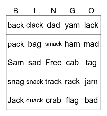 Word Family Bingo: -ack, -am, -an, -ag, -ab, -ad Bingo Card