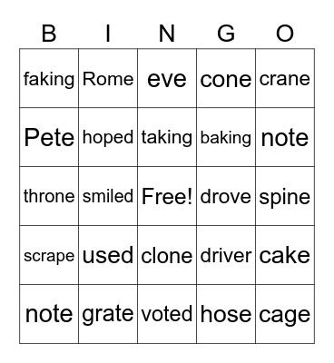 silent e Bingo Card