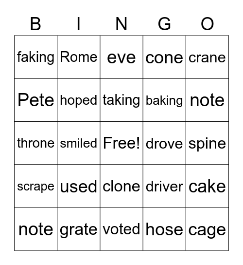 silent e Bingo Card