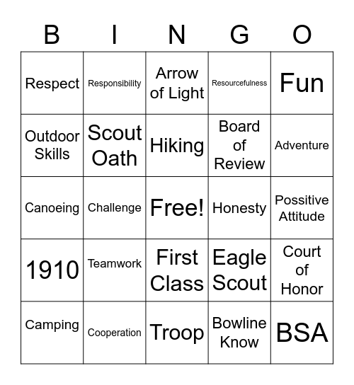 Boy Scout Bingo Card