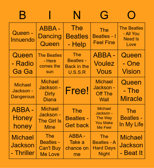 Abba - Michael Jackson - Queen - The Beatles Bingo Card