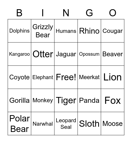 Mammals Bingo Card