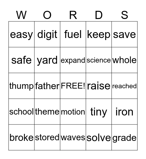 Sight Words Bingo Card