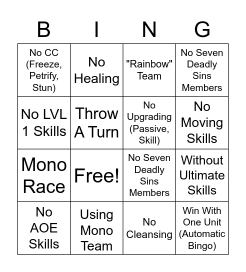 Grand Cross Bingo #1 Bingo Card