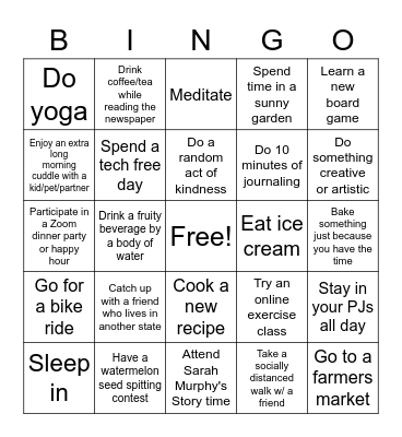 Summer Self-Care Bingo Card