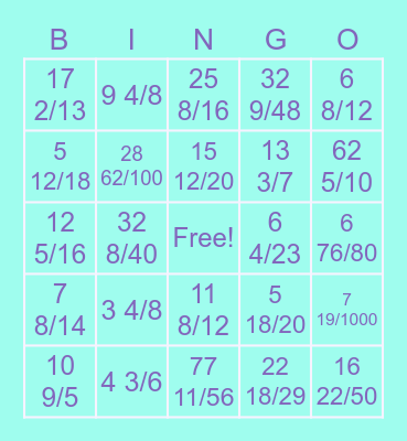 mixed fraction bingo Card