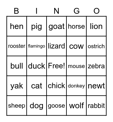 Animal Bingo Card