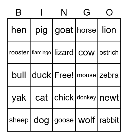 Animal Bingo Card