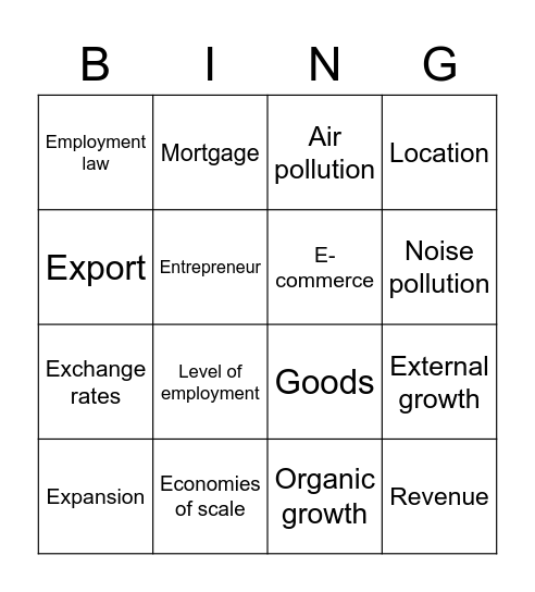Business Studies Chapter 1 and 2 Bingo Card