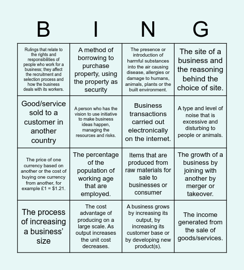 Business Studies Chapter 1 and 2 Bingo Card