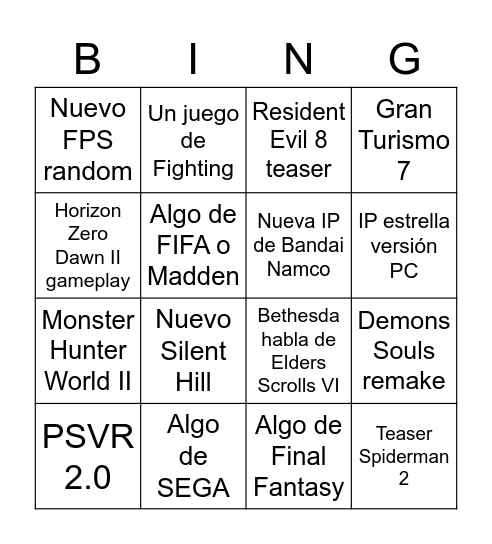 ¿Qué veremos en el directo de PlayStation5? Bingo Card