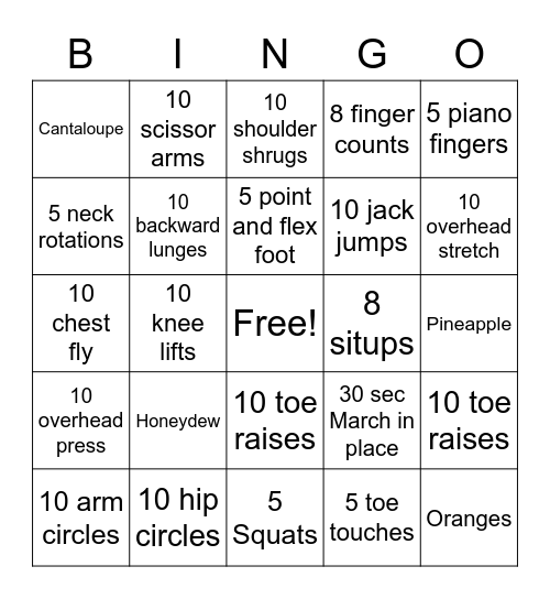 HEALTH AND FITNESS BINGO Card