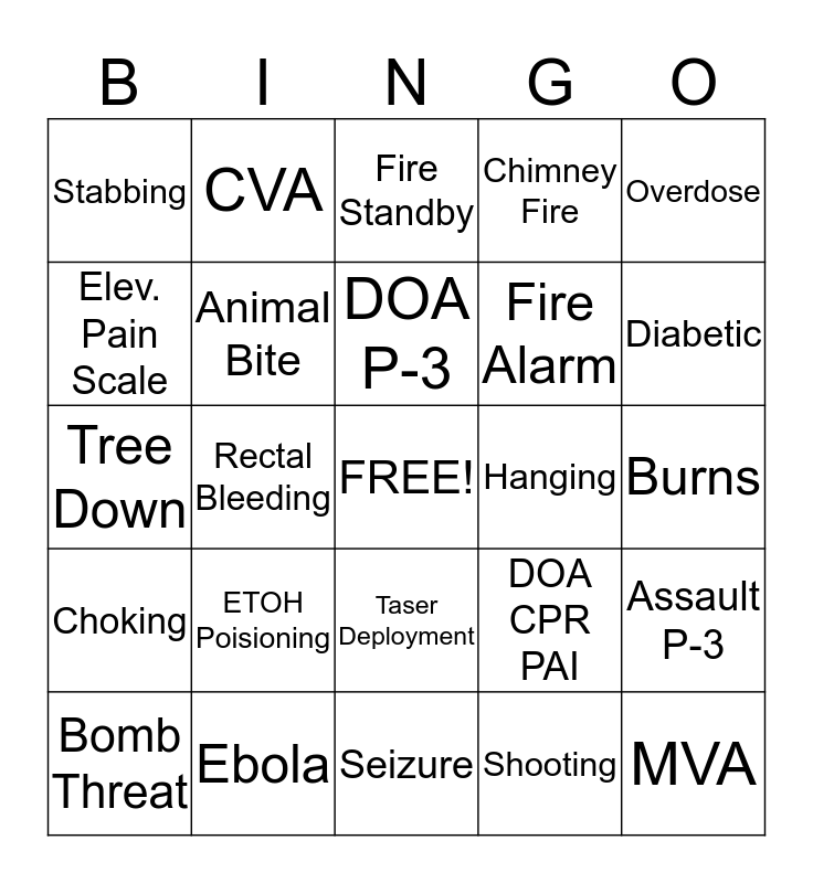 Dispatcher Bingo - Call Types Bingo Card