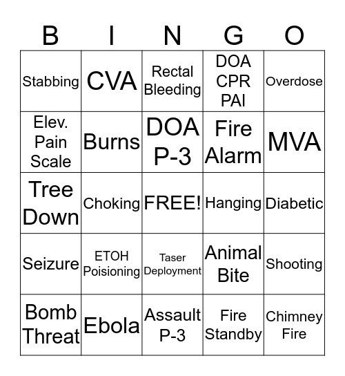 Dispatcher Bingo - Call Types Bingo Card