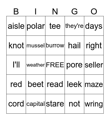 Homophones Bingo Card