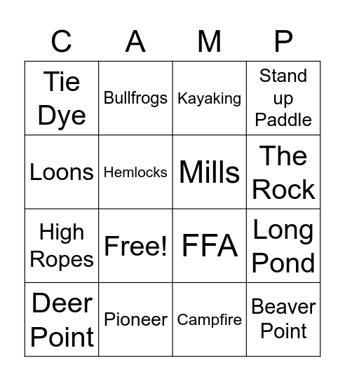 Oswegatchie Camp Bingo Card