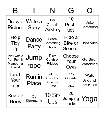 Active Summer Challenge Bingo Card